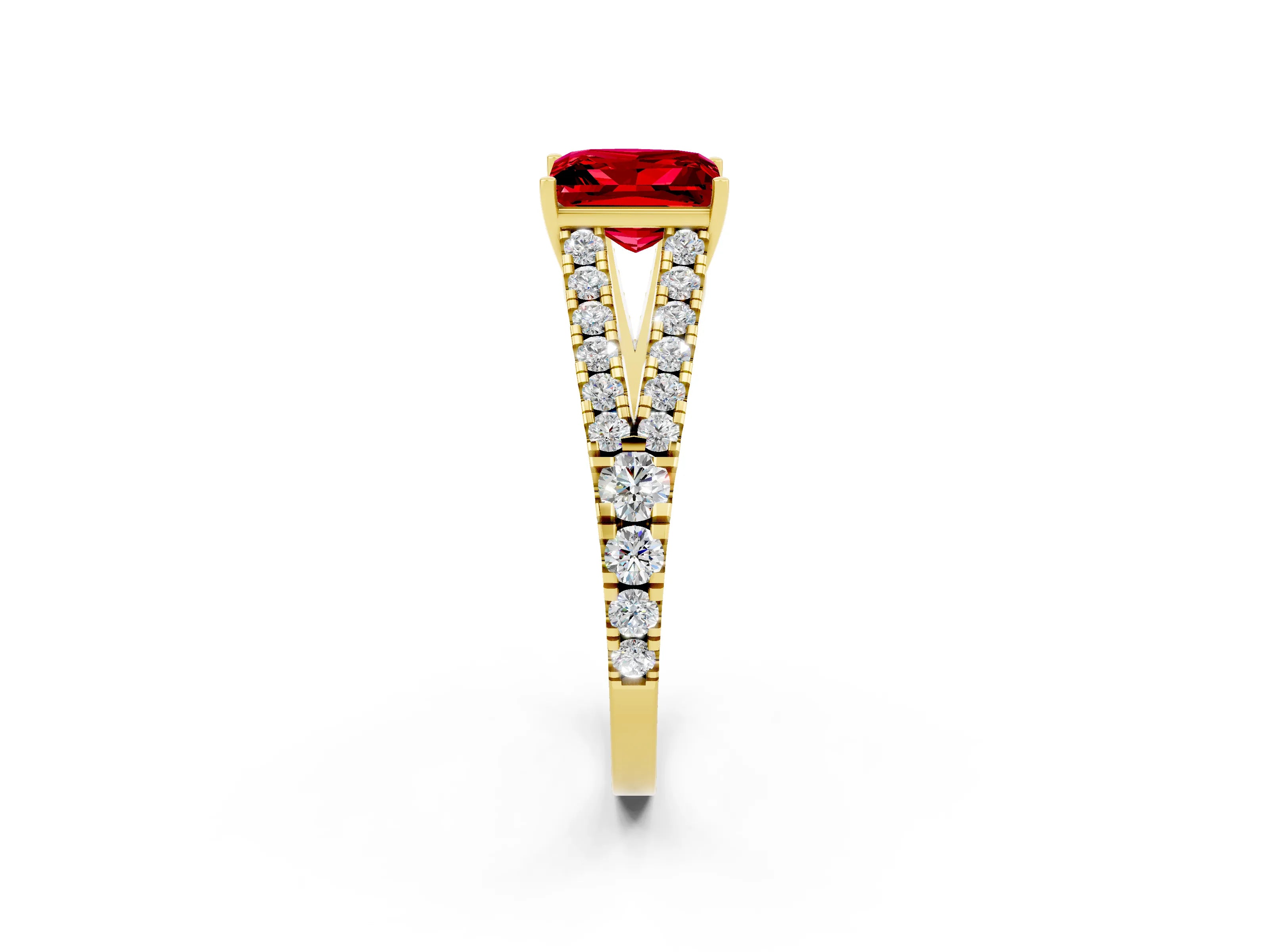 Yellow gold Princess Cut Ruby Split Shank Pavé Engagement Ring with Four-Prong Setting_14