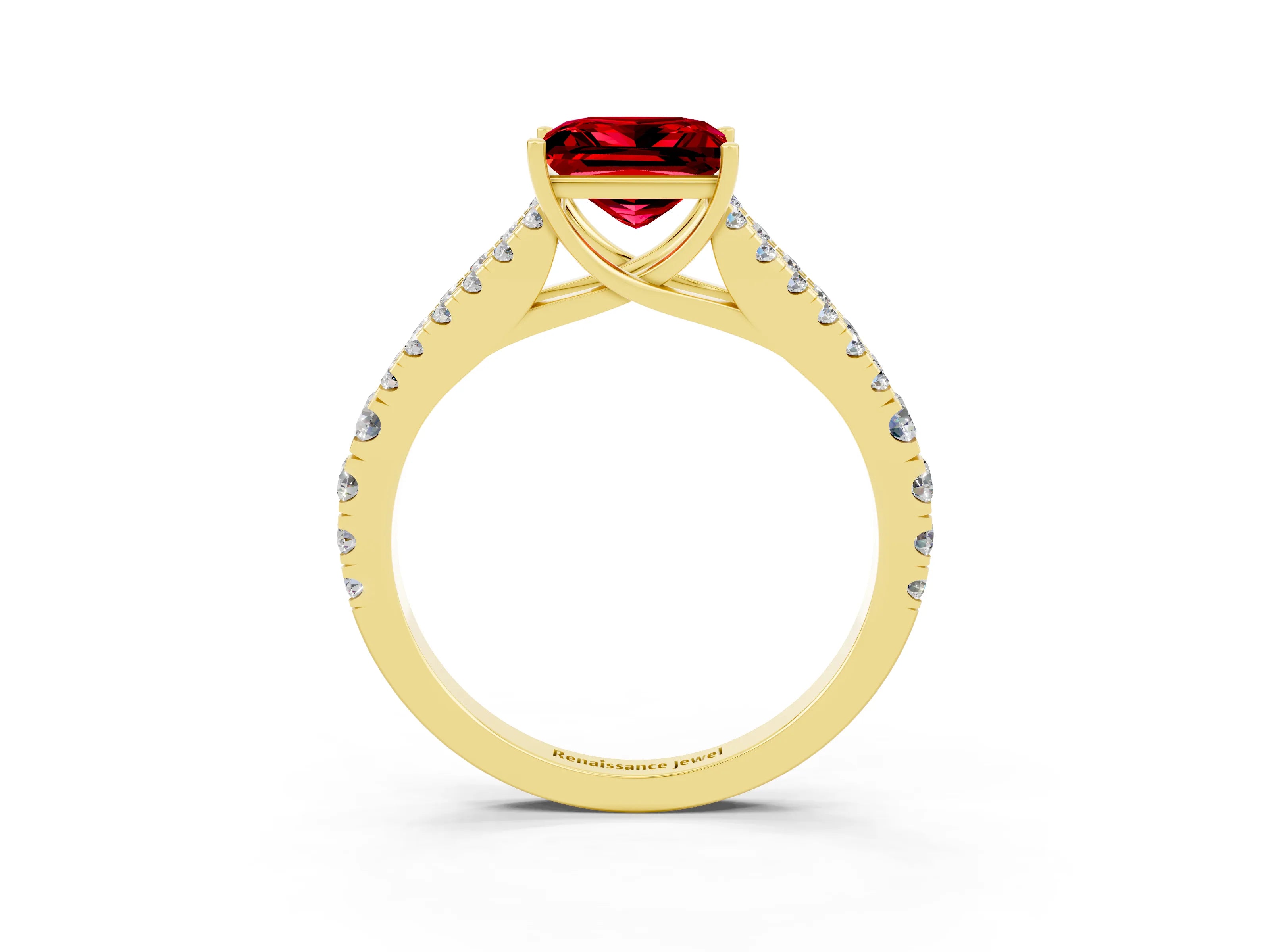 Yellow gold Princess Cut Ruby Split Shank Pavé Engagement Ring with Four-Prong Setting_15
