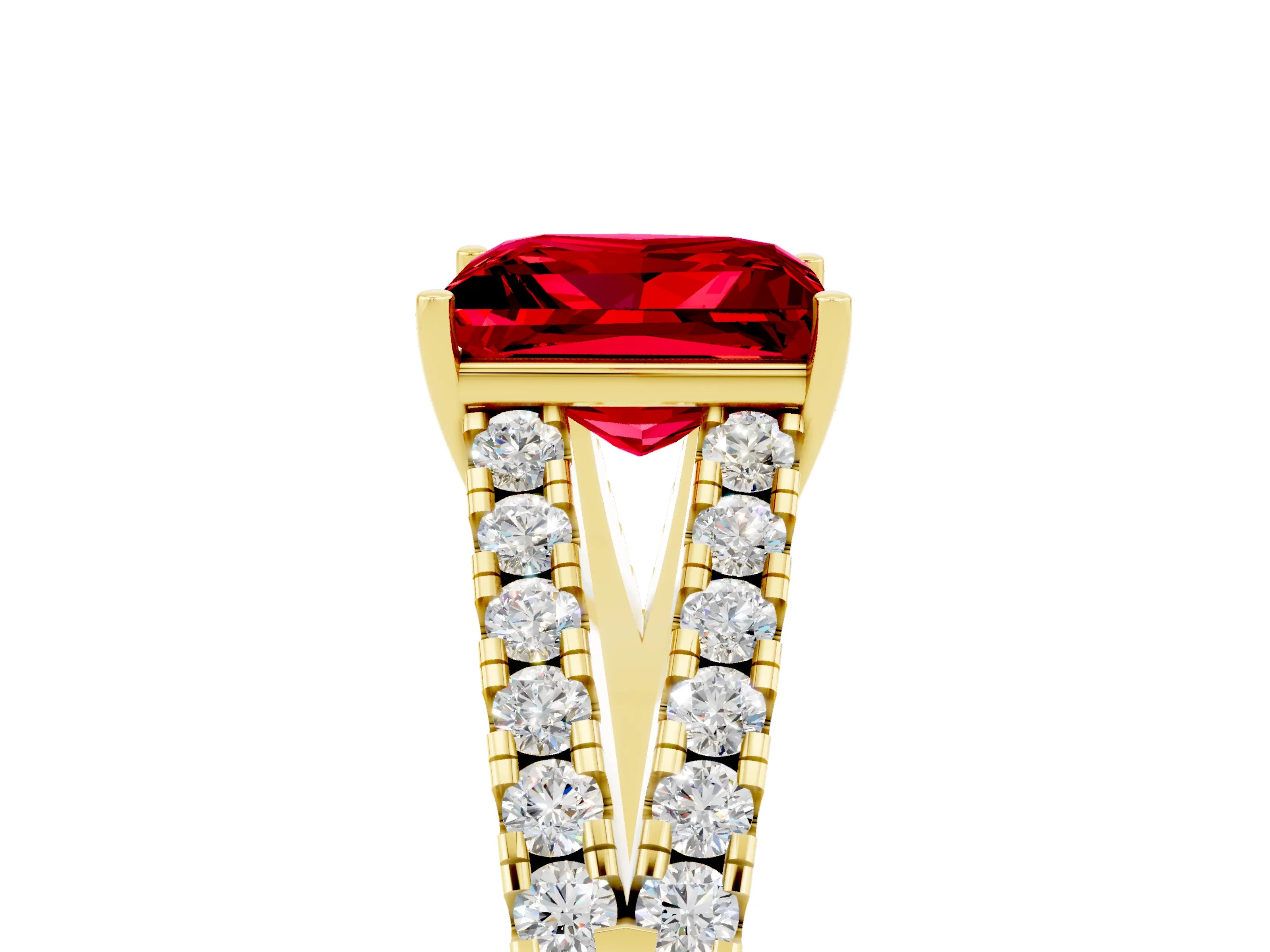 Yellow gold Princess Cut Ruby Split Shank Pavé Engagement Ring with Four-Prong Setting_17