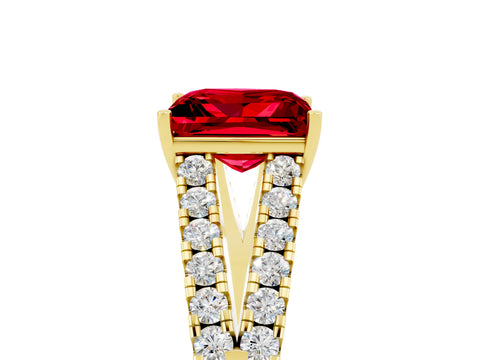 Yellow gold Princess Cut Ruby Split Shank Pavé Engagement Ring with Four-Prong Setting_17
