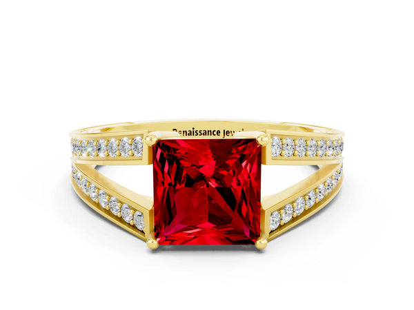 Yellow gold Princess Cut Ruby Split Shank Ring with Pavé Band and Four-Prong Setting