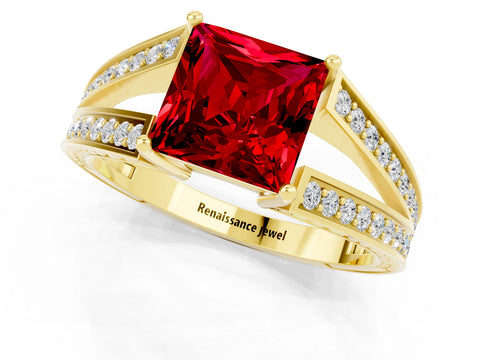 Yellow gold Princess Cut Ruby Split Shank Ring with Pavé Band and Four-Prong Setting_1