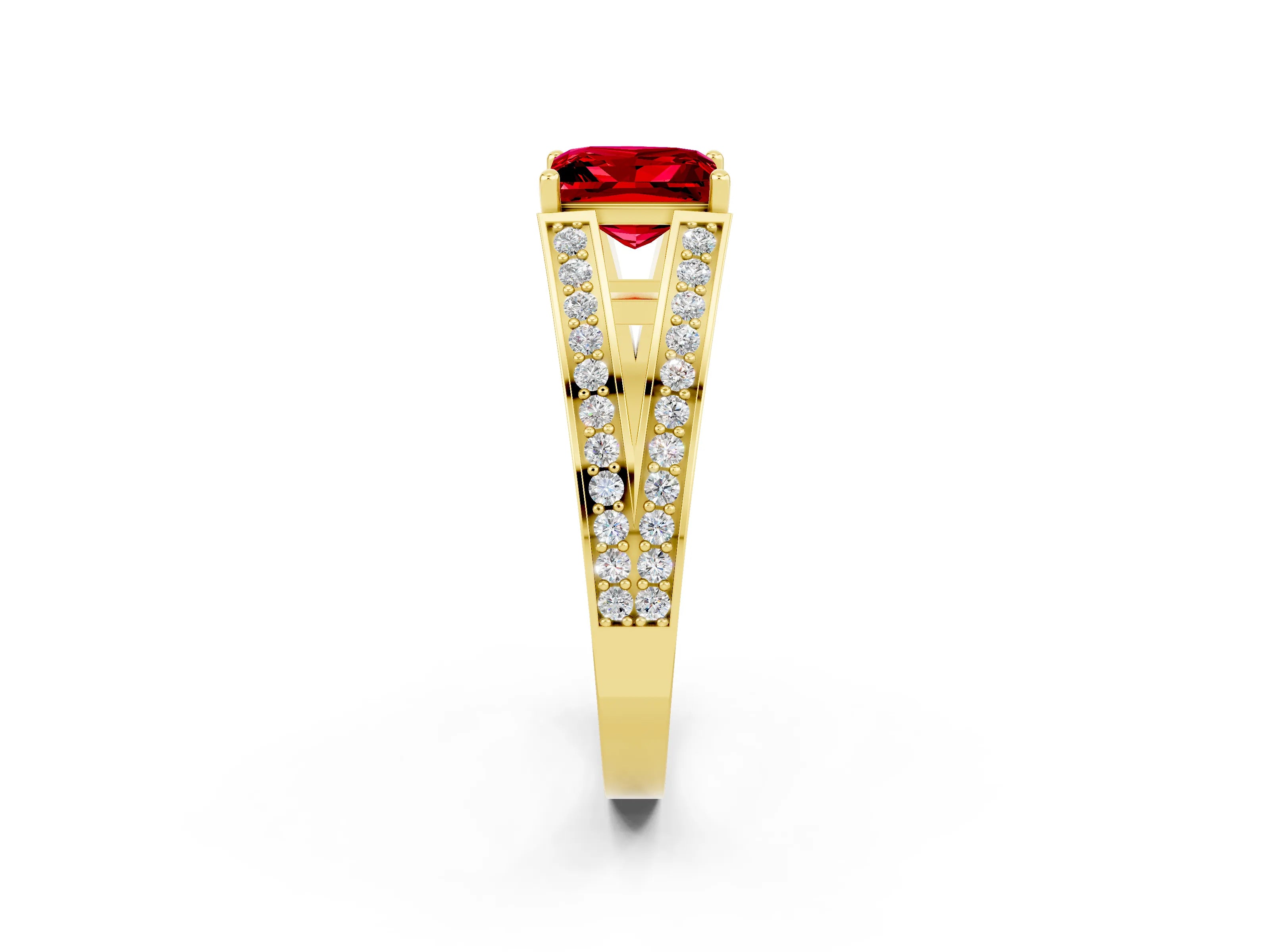 Yellow gold Princess Cut Ruby Split Shank Ring with Pavé Band and Four-Prong Setting_2