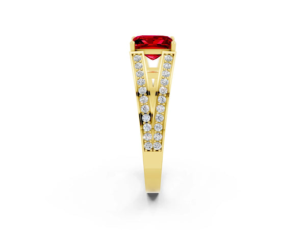 Yellow gold Princess Cut Ruby Split Shank Ring with Pavé Band and Four-Prong Setting