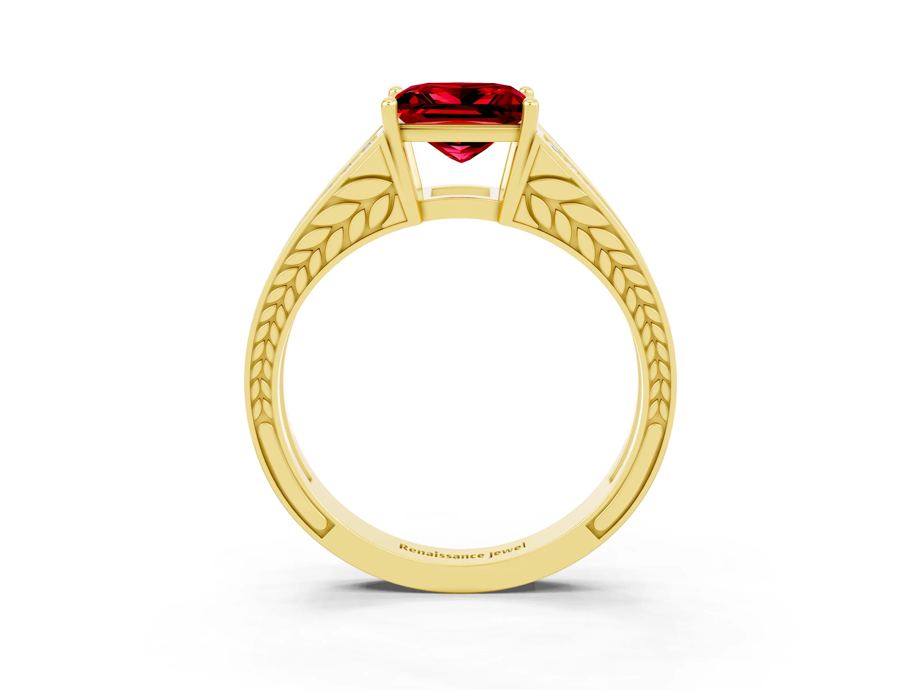 Yellow gold Princess Cut Ruby Split Shank Ring with Pavé Band and Four-Prong Setting_3
