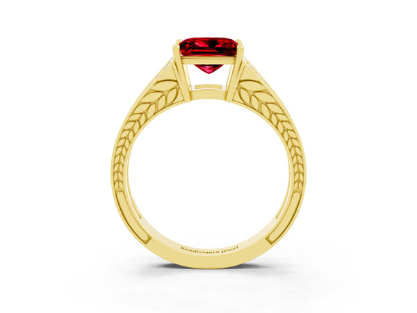 Yellow gold Princess Cut Ruby Split Shank Ring with Pavé Band and Four-Prong Setting