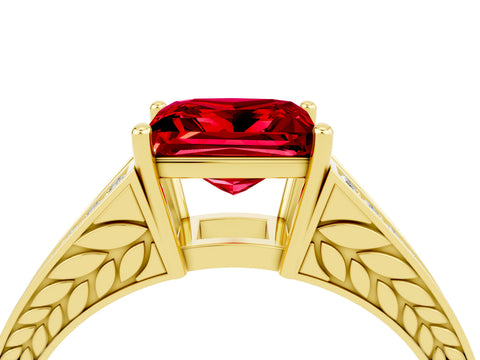 Yellow gold Princess Cut Ruby Split Shank Ring with Pavé Band and Four-Prong Setting_4