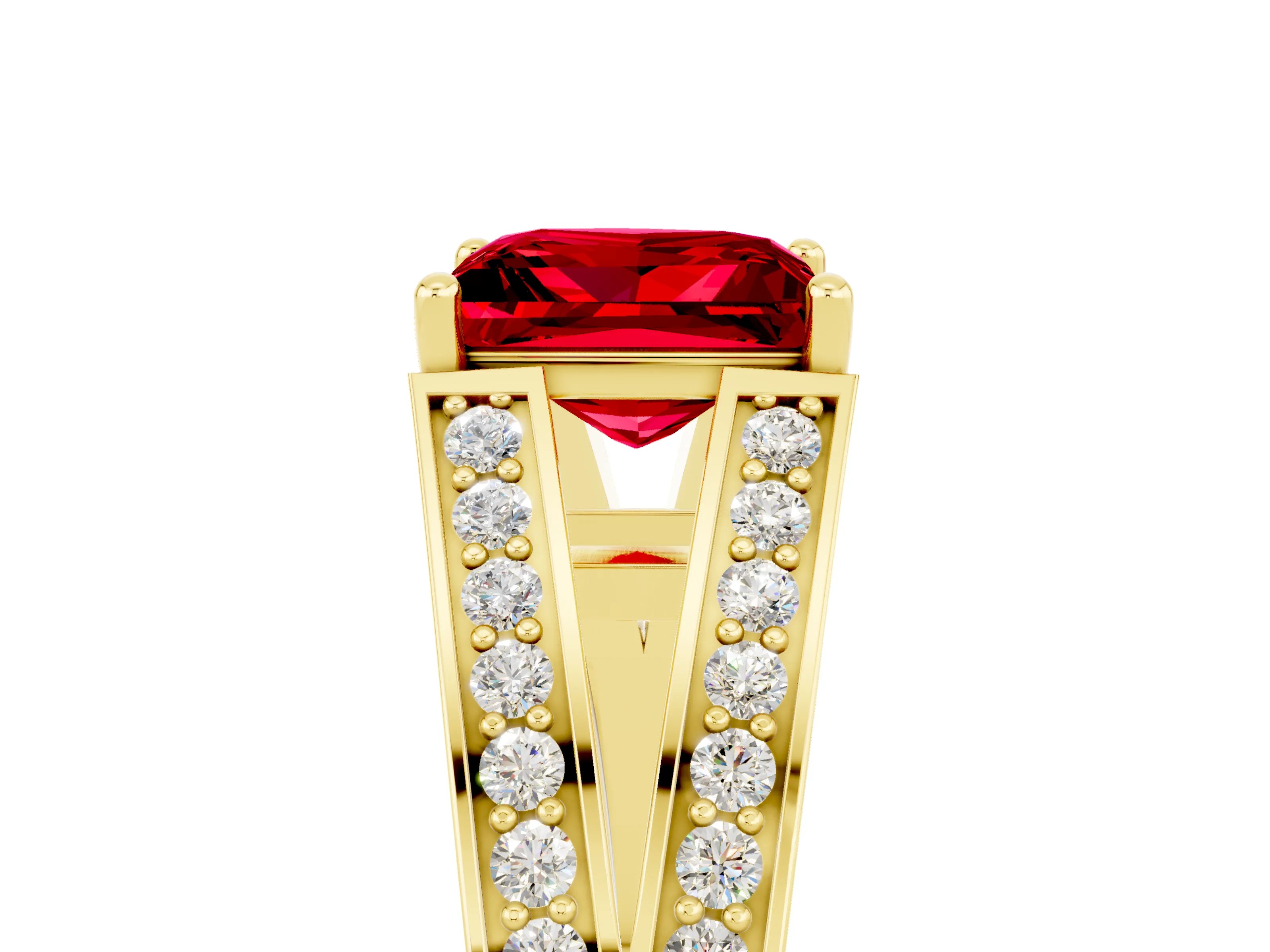 Yellow gold Princess Cut Ruby Split Shank Ring with Pavé Band and Four-Prong Setting_5
