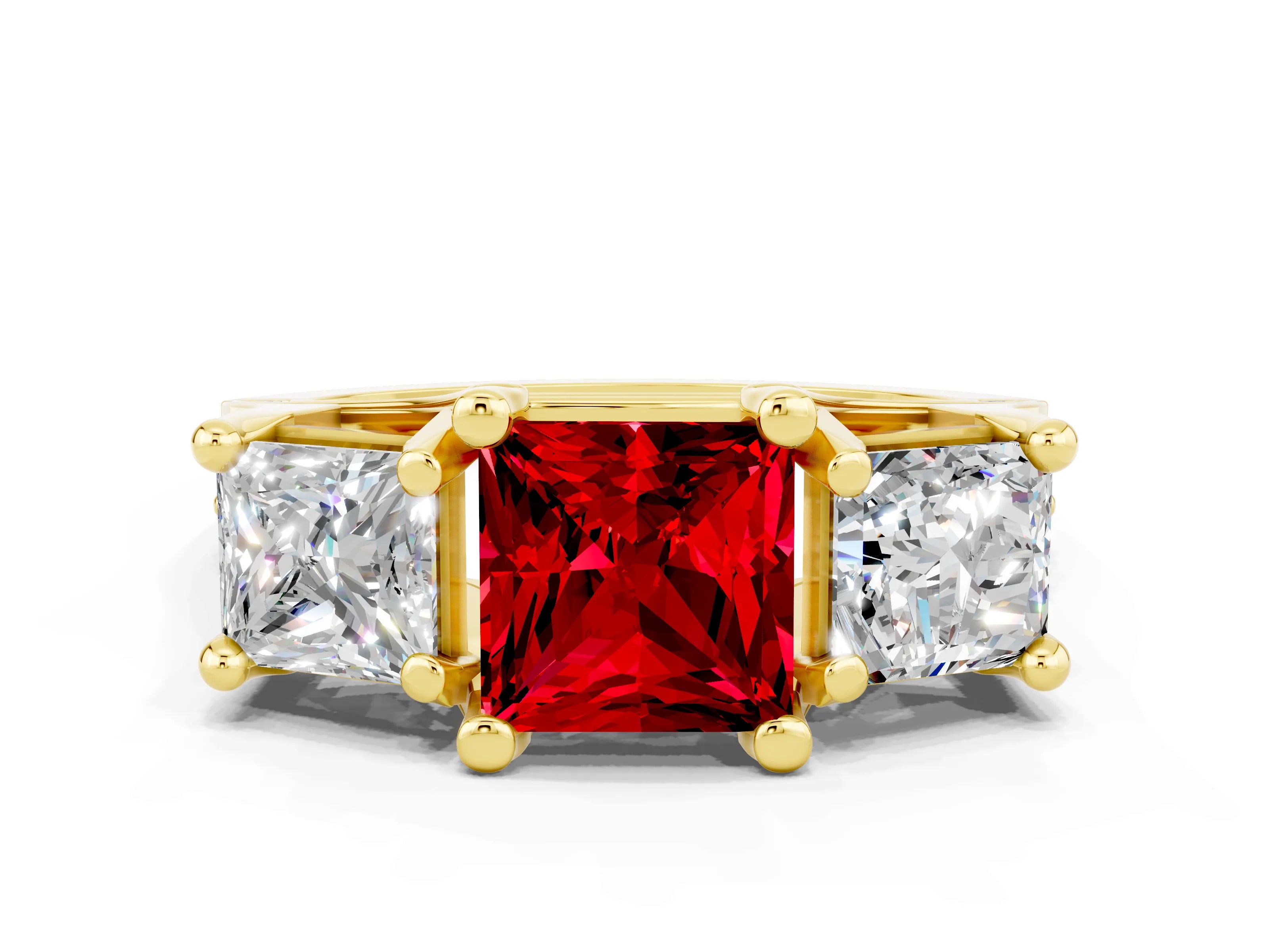 Yellow gold Princess Cut Ruby Three-Stone Ring with Channel Set Band and Four-Prong Setting