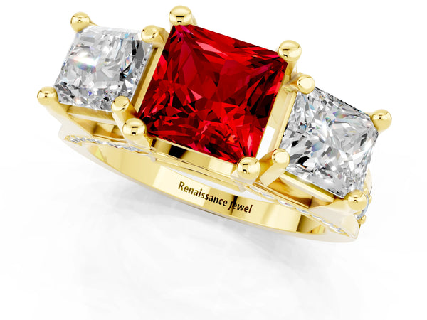 Yellow gold Princess Cut Ruby Three-Stone Ring with Channel Set Band and Four-Prong Setting