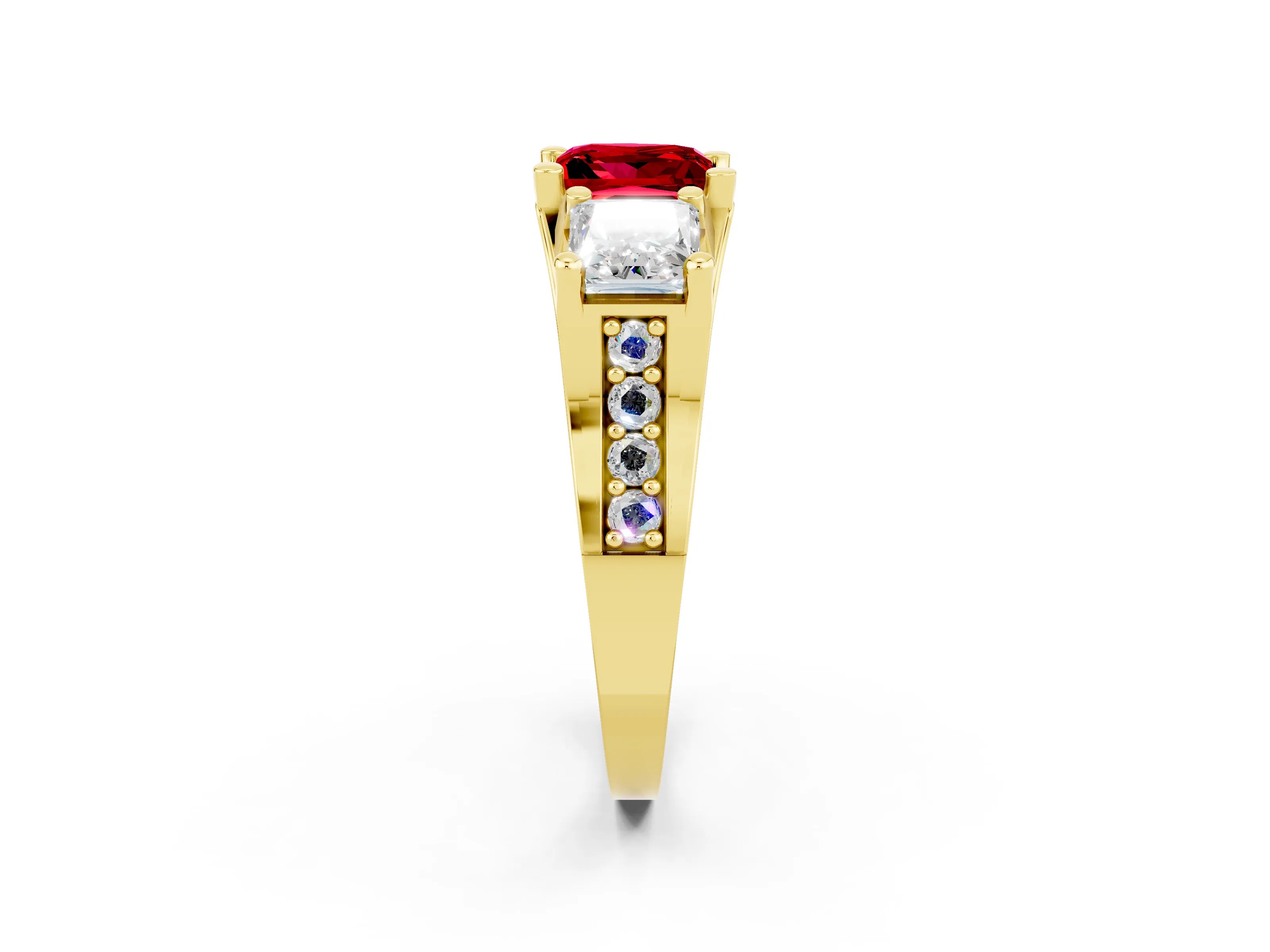 Yellow gold Princess Cut Ruby Three-Stone Ring with Channel Set Band and Four-Prong Setting_2