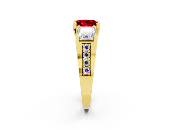 Yellow gold Princess Cut Ruby Three-Stone Ring with Channel Set Band and Four-Prong Setting