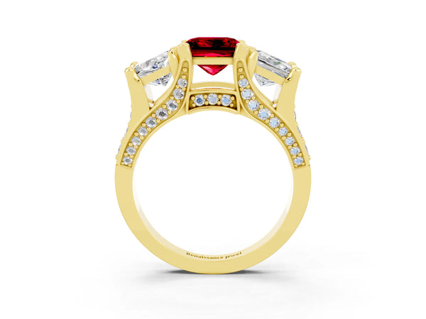 Yellow gold Princess Cut Ruby Three-Stone Ring with Channel Set Band and Four-Prong Setting