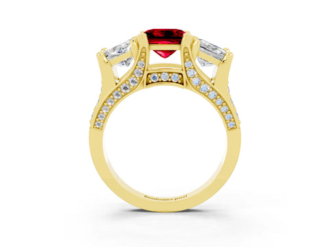 Yellow gold Princess Cut Ruby Three-Stone Ring with Channel Set Band and Four-Prong Setting_3