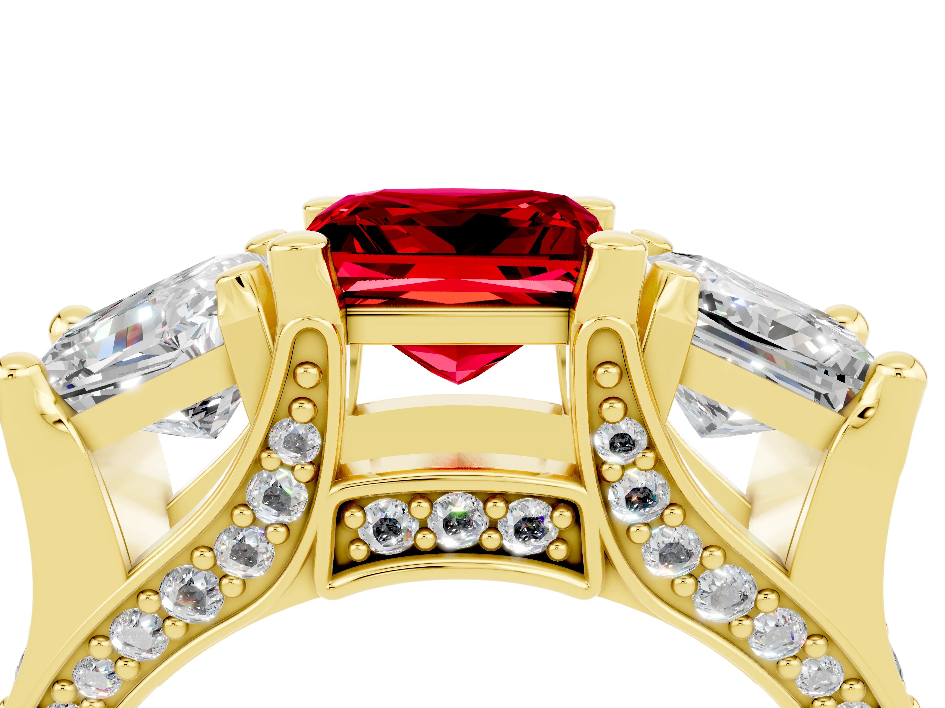 Yellow gold Princess Cut Ruby Three-Stone Ring with Channel Set Band and Four-Prong Setting_4