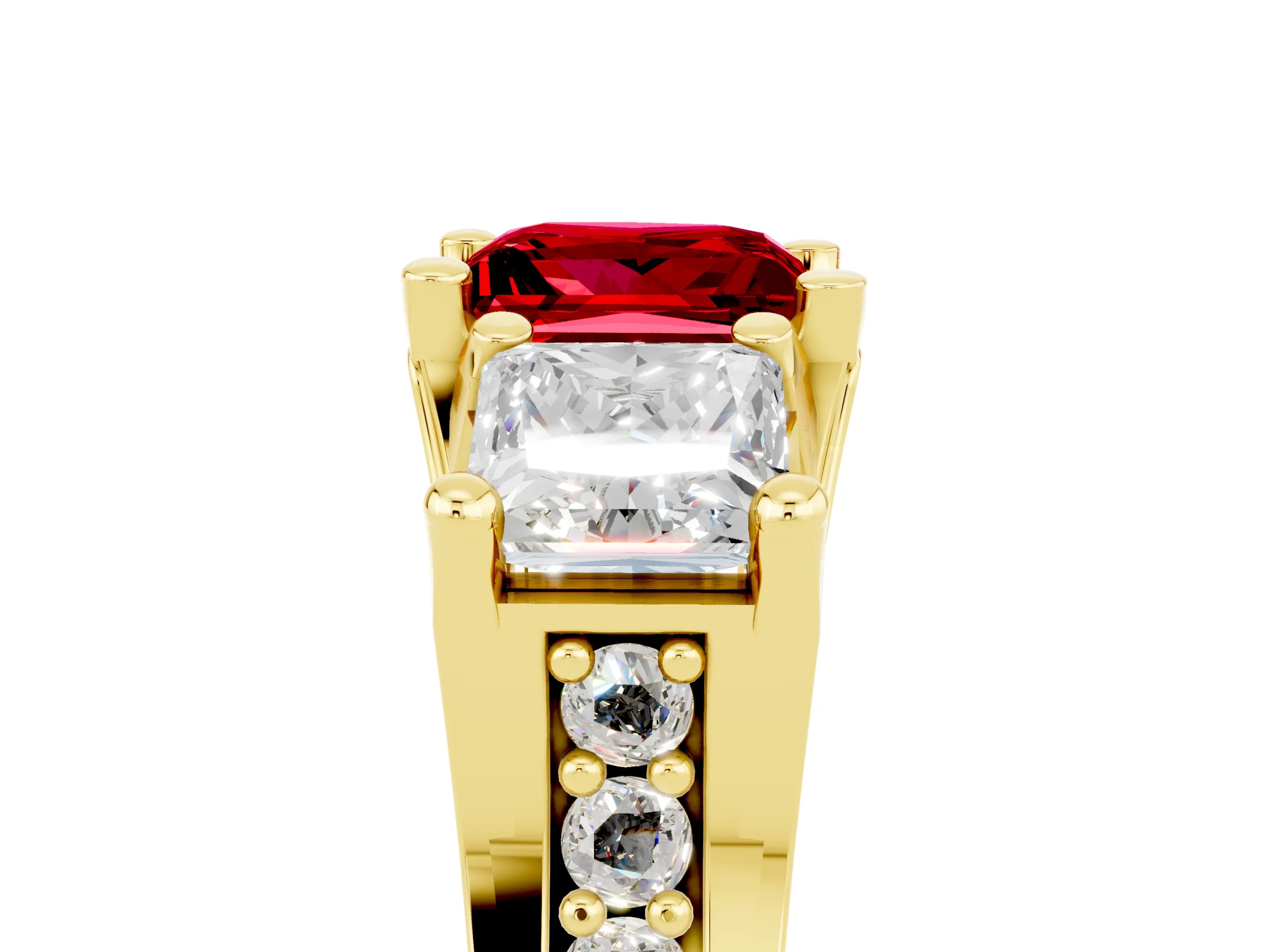 Yellow gold Princess Cut Ruby Three-Stone Ring with Channel Set Band and Four-Prong Setting_5