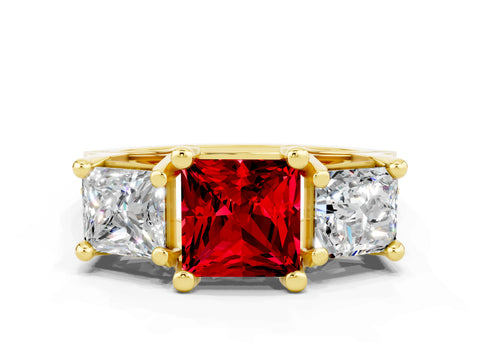 Yellow gold Princess Cut Ruby Three-Stone Ring with Channel Set Band and Four-Prong Setting
