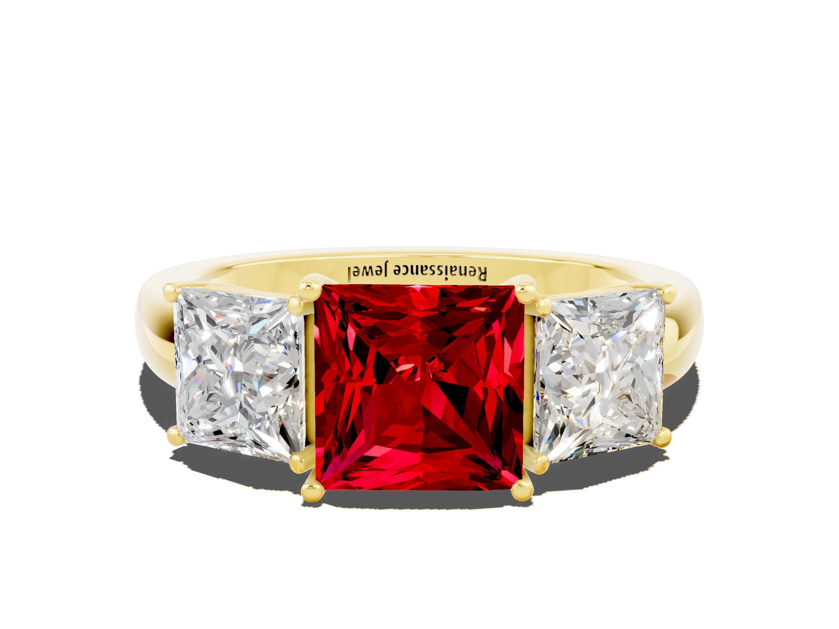 Yellow gold Princess Cut Ruby Three-Stone Ring with Four-Prong Setting and Classic Band