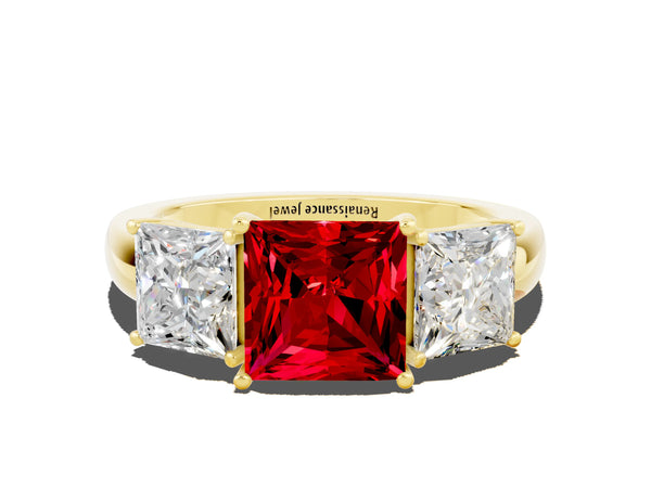 Yellow gold Princess Cut Ruby Three-Stone Ring with Four-Prong Setting and Classic Band