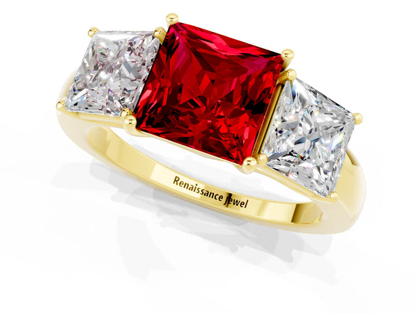 Yellow gold Princess Cut Ruby Three-Stone Ring with Four-Prong Setting and Classic Band