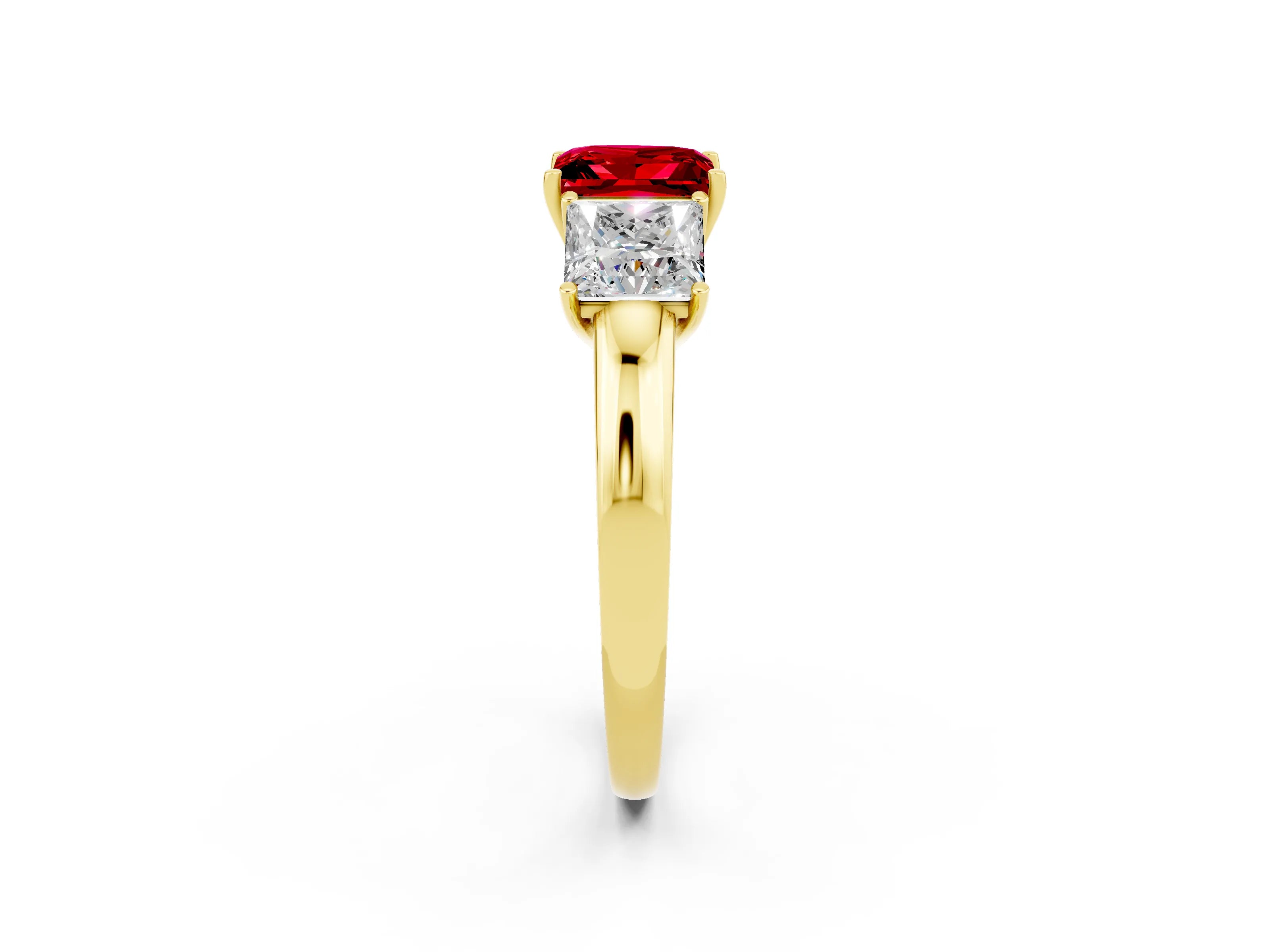 Yellow gold Princess Cut Ruby Three-Stone Ring with Four-Prong Setting and Classic Band_2