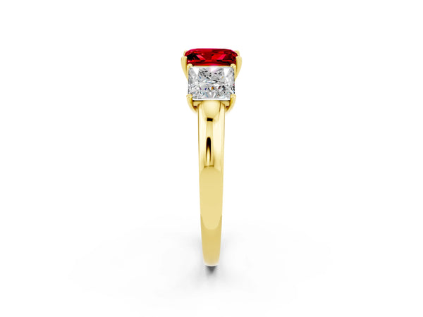 Yellow gold Princess Cut Ruby Three-Stone Ring with Four-Prong Setting and Classic Band