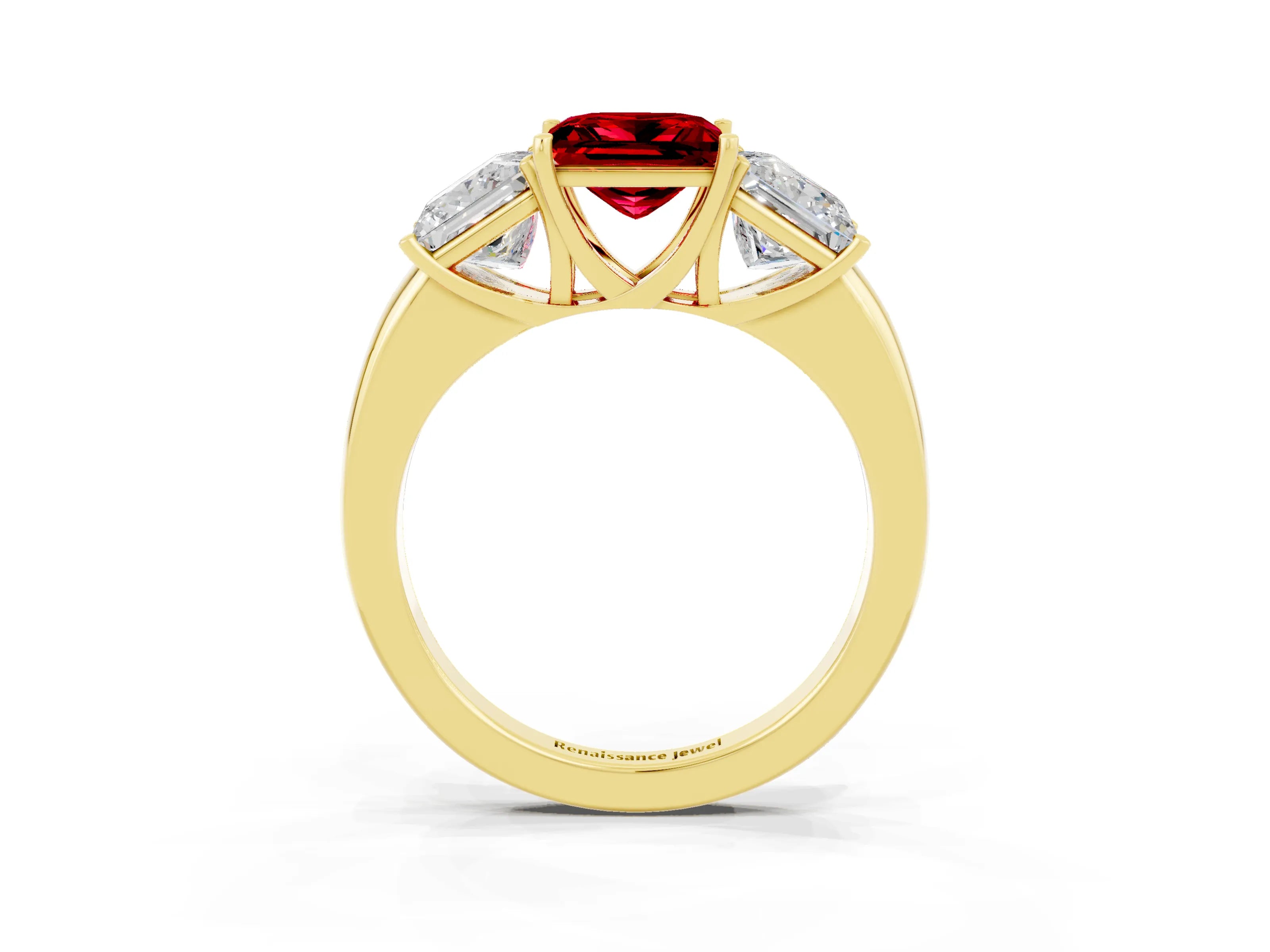 Yellow gold Princess Cut Ruby Three-Stone Ring with Four-Prong Setting and Classic Band_3