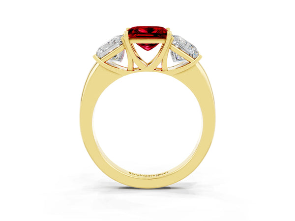 Yellow gold Princess Cut Ruby Three-Stone Ring with Four-Prong Setting and Classic Band