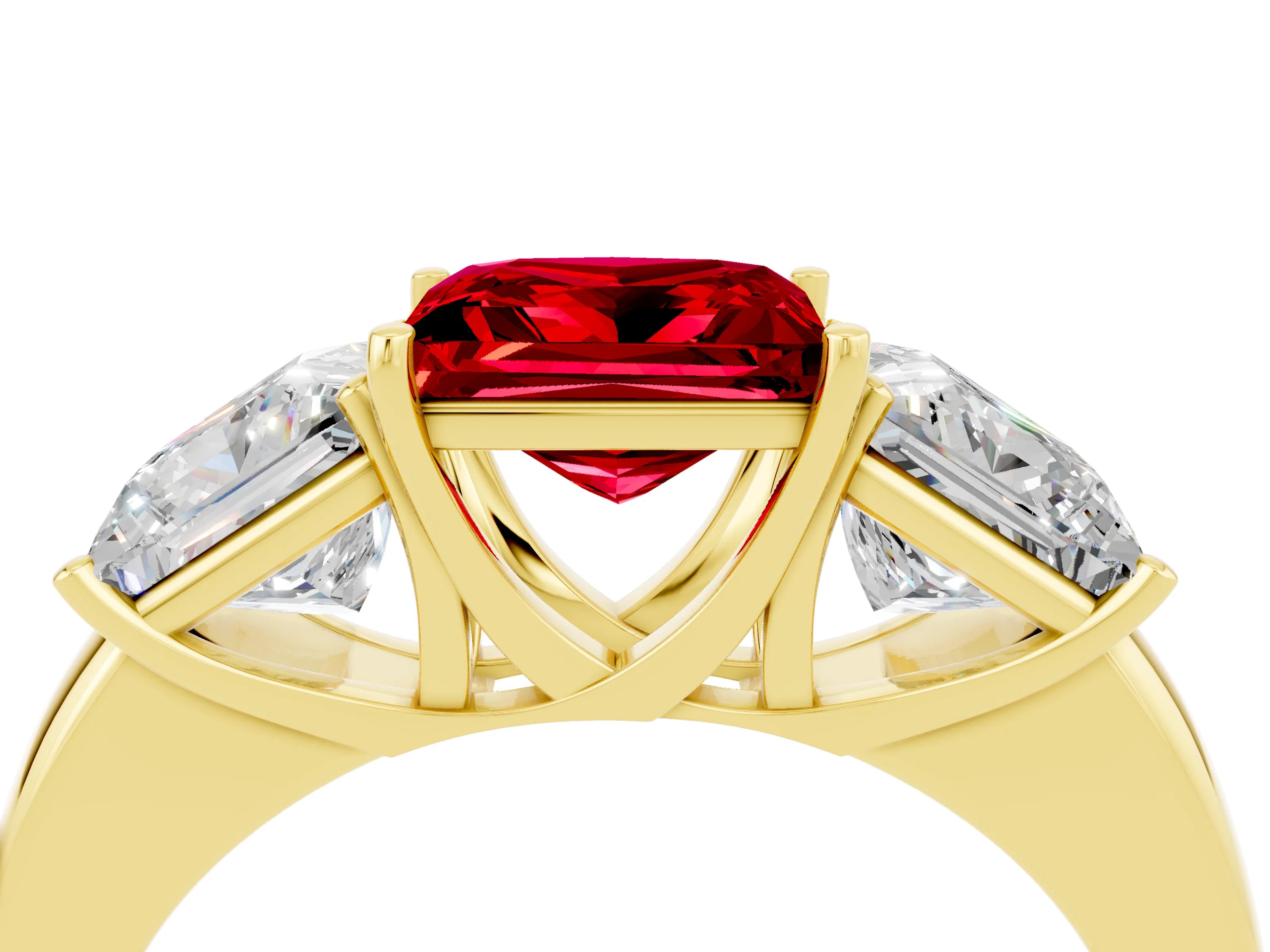 Yellow gold Princess Cut Ruby Three-Stone Ring with Four-Prong Setting and Classic Band_4
