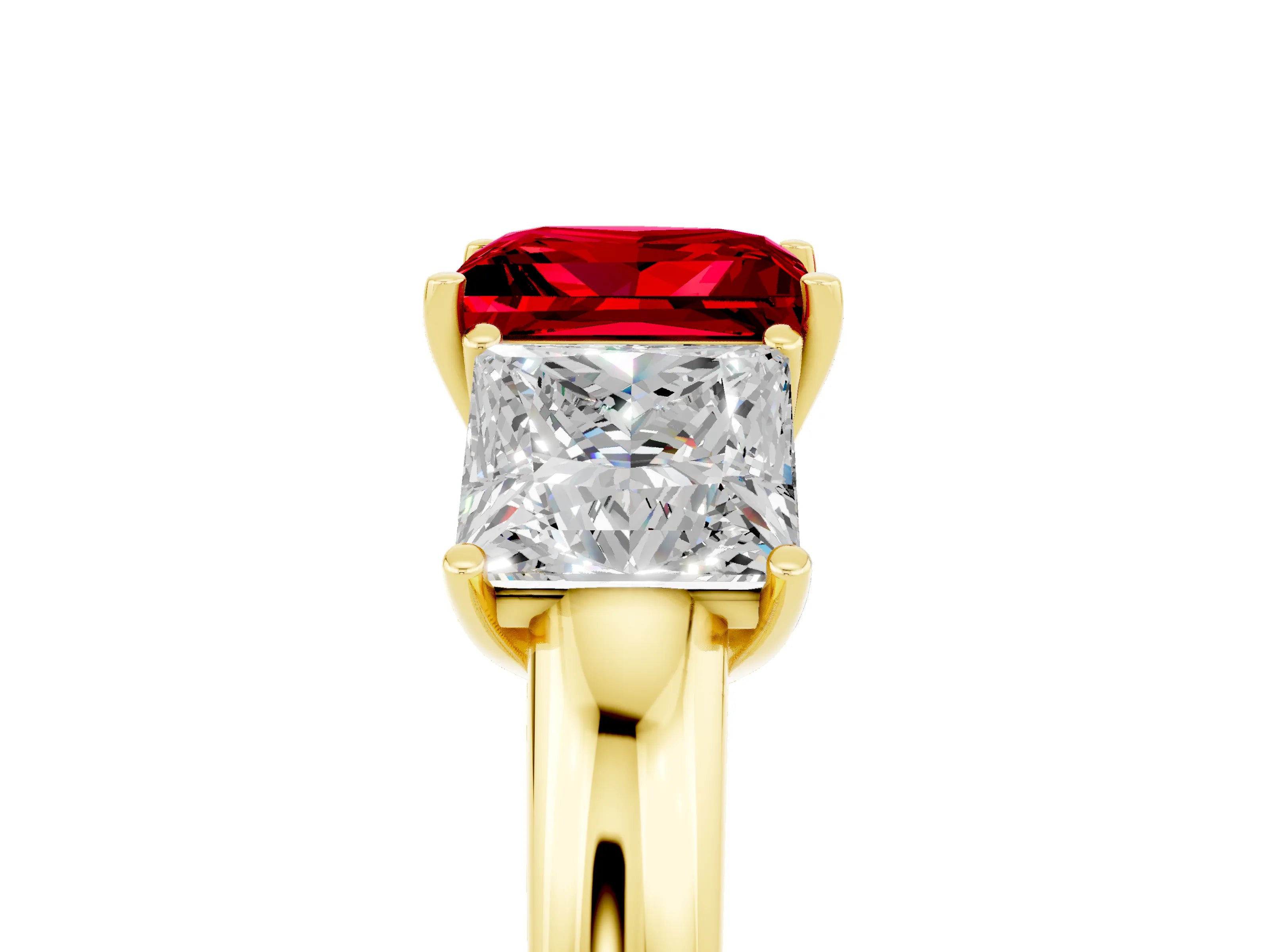 Yellow gold Princess Cut Ruby Three-Stone Ring with Four-Prong Setting and Classic Band_5