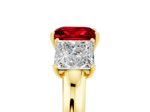 Yellow gold Princess Cut Ruby Three-Stone Ring with Four-Prong Setting and Classic Band_5
