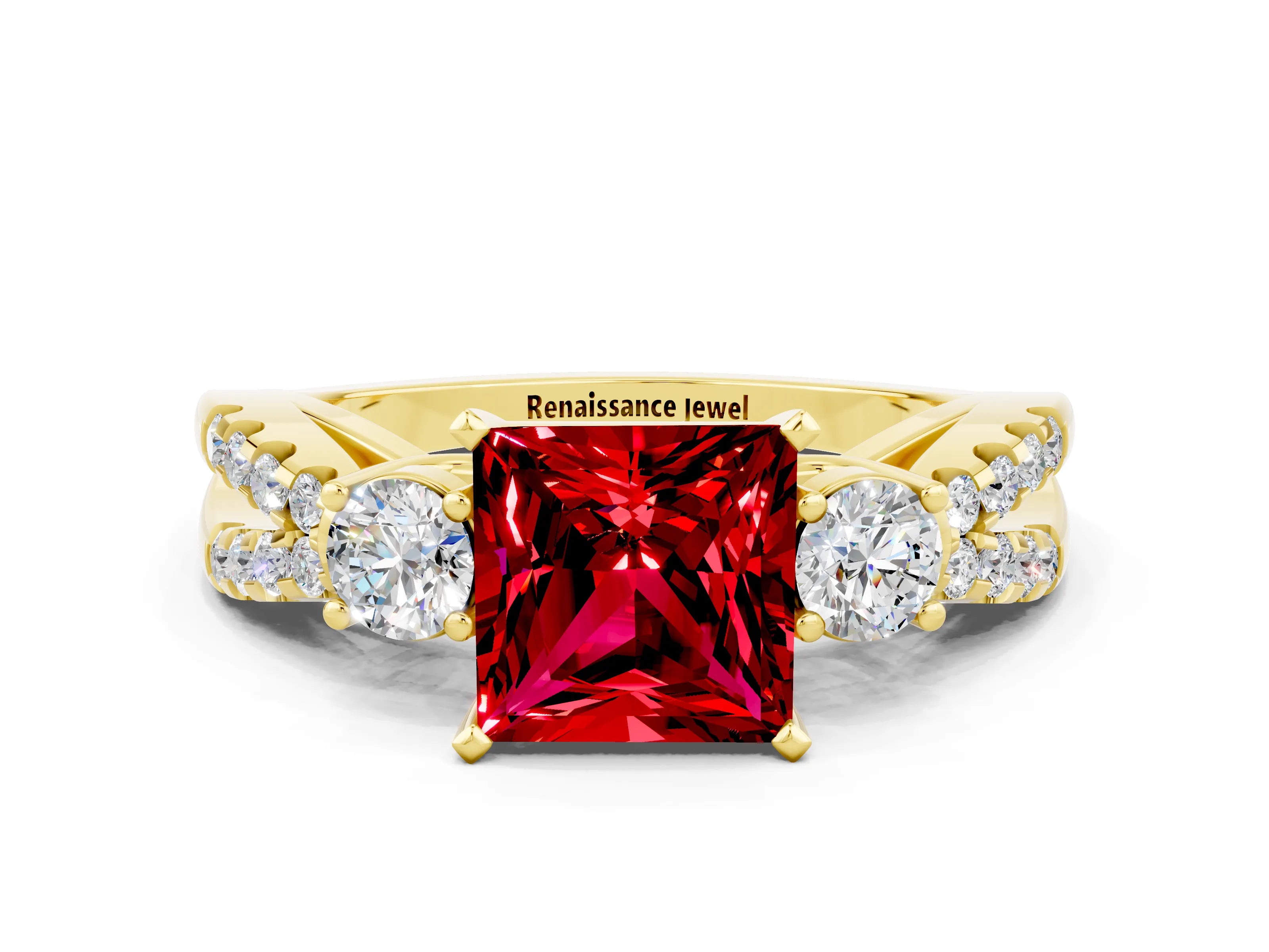 Yellow gold Princess Cut Ruby Three-Stone Ring with Pavé Split Shank and Four-Prong Setting