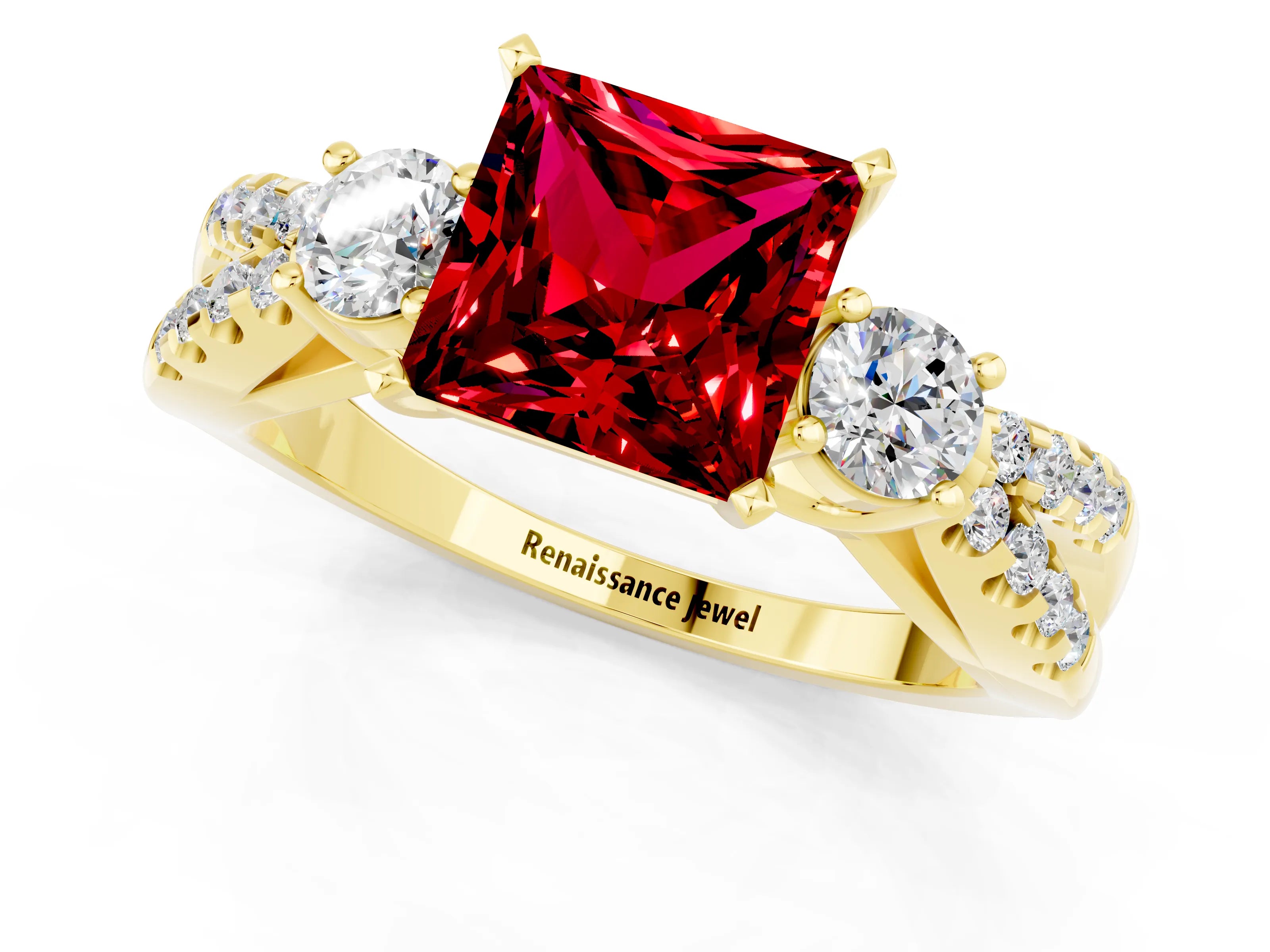 Yellow gold Princess Cut Ruby Three-Stone Ring with Pavé Split Shank and Four-Prong Setting_1