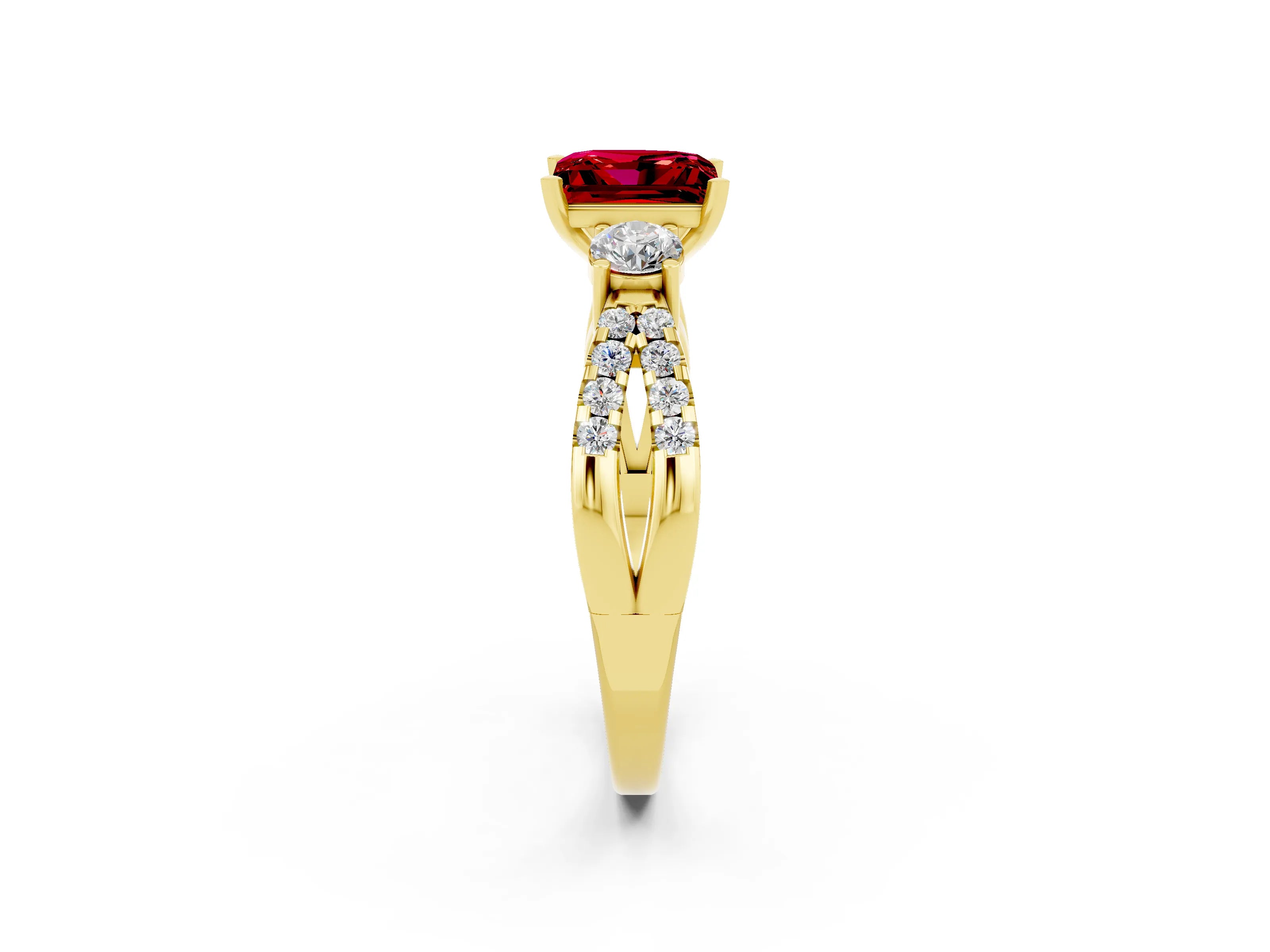 Yellow gold Princess Cut Ruby Three-Stone Ring with Pavé Split Shank and Four-Prong Setting_2