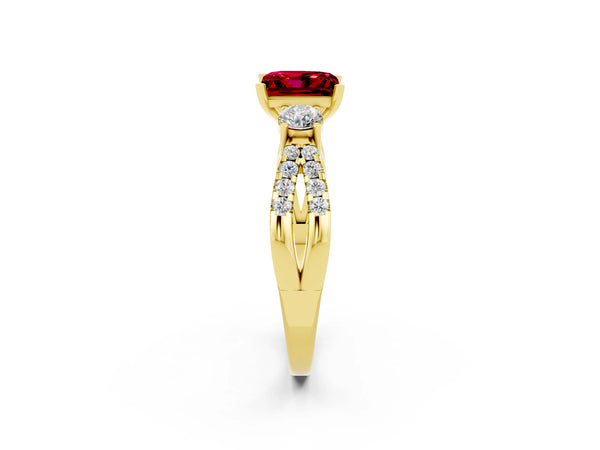 Yellow gold Princess Cut Ruby Three-Stone Ring with Pavé Split Shank and Four-Prong Setting