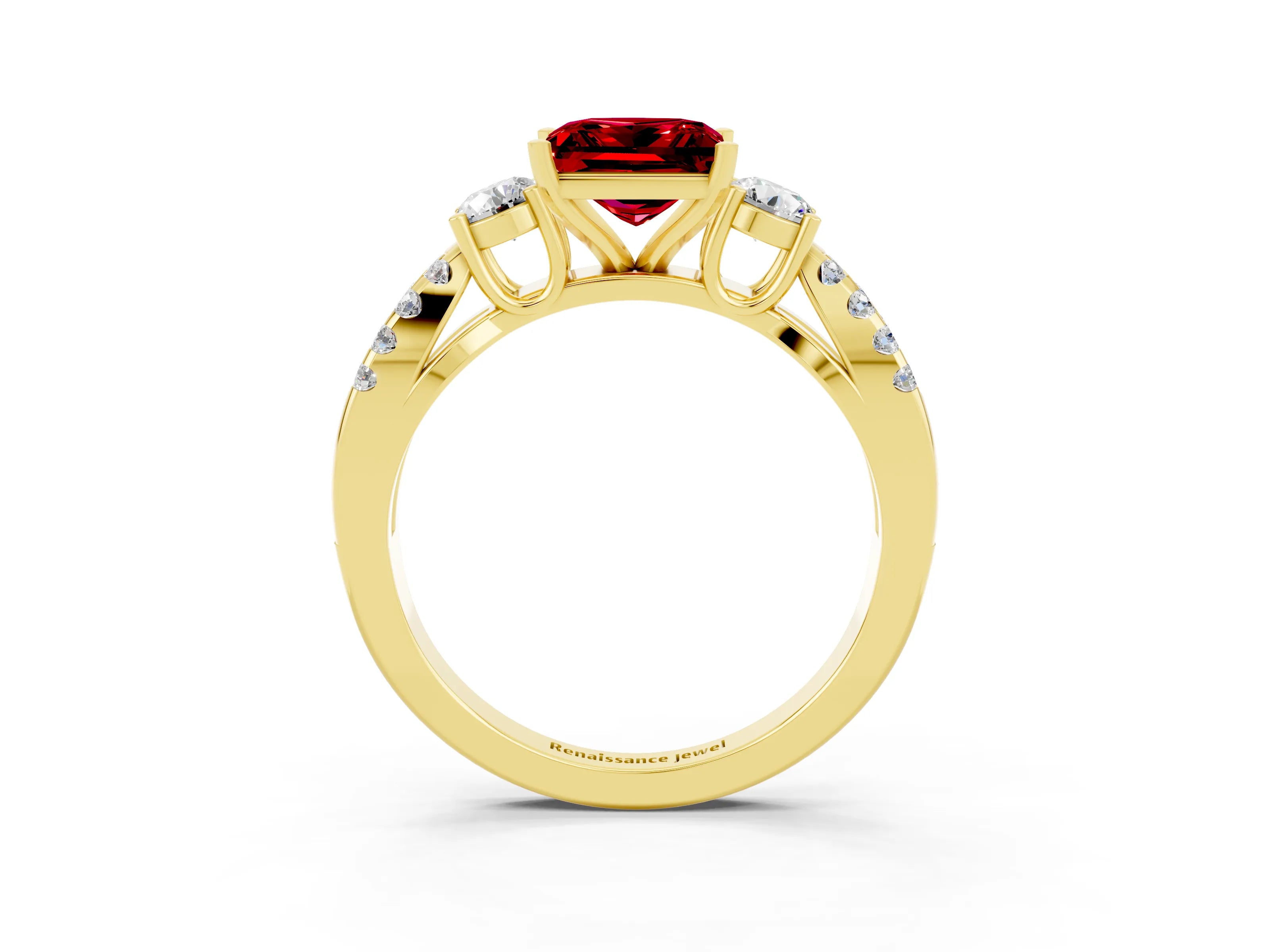 Yellow gold Princess Cut Ruby Three-Stone Ring with Pavé Split Shank and Four-Prong Setting_3