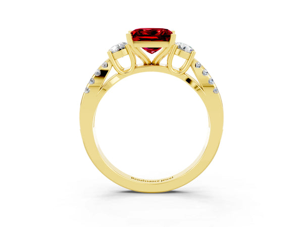 Yellow gold Princess Cut Ruby Three-Stone Ring with Pavé Split Shank and Four-Prong Setting