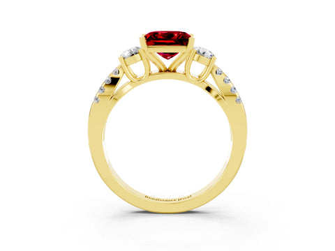 Yellow gold Princess Cut Ruby Three-Stone Ring with Pavé Split Shank and Four-Prong Setting_3