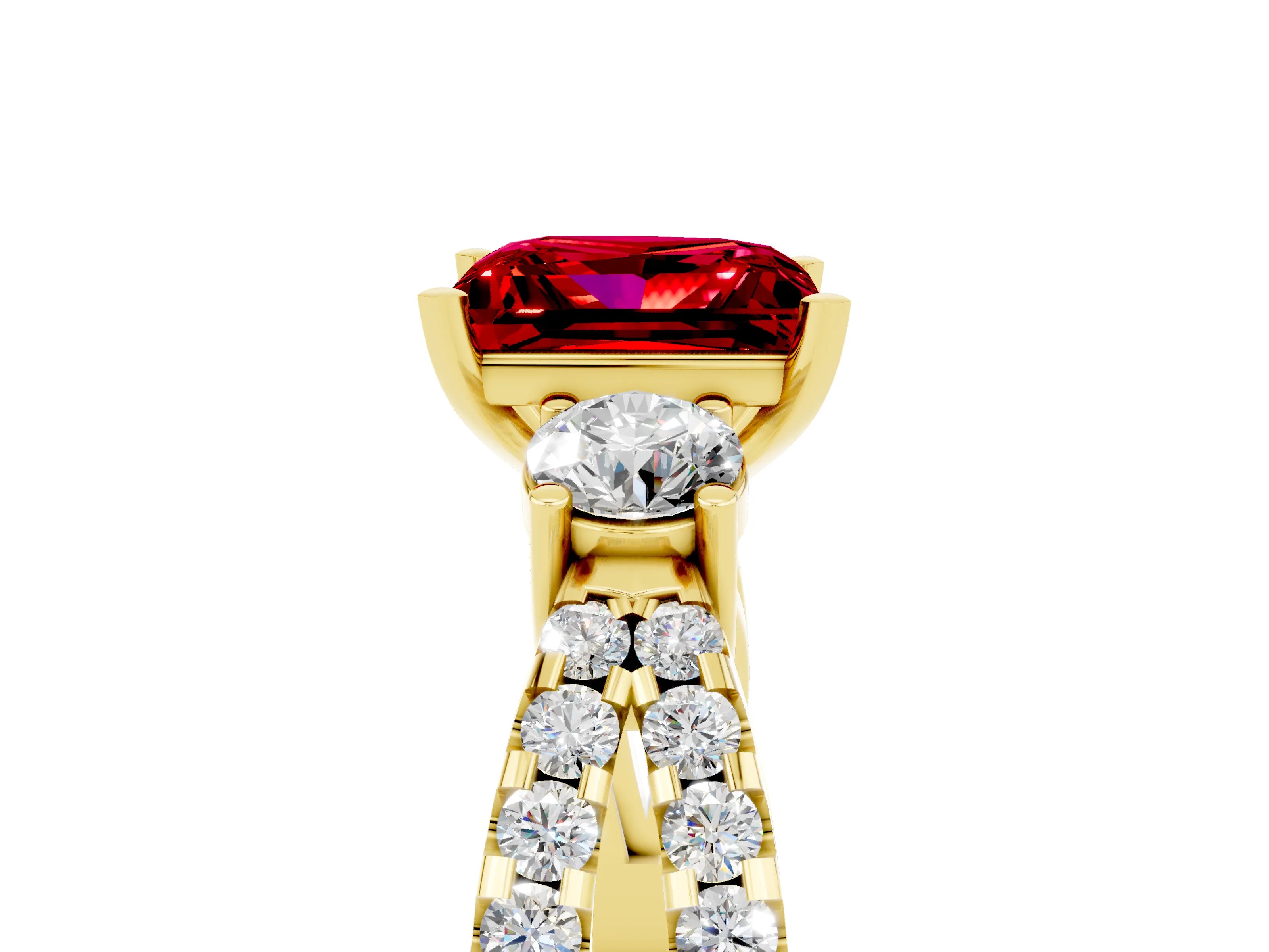 Yellow gold Princess Cut Ruby Three-Stone Ring with Pavé Split Shank and Four-Prong Setting_5