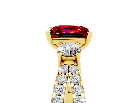 Yellow gold Princess Cut Ruby Three-Stone Ring with Pavé Split Shank and Four-Prong Setting_5