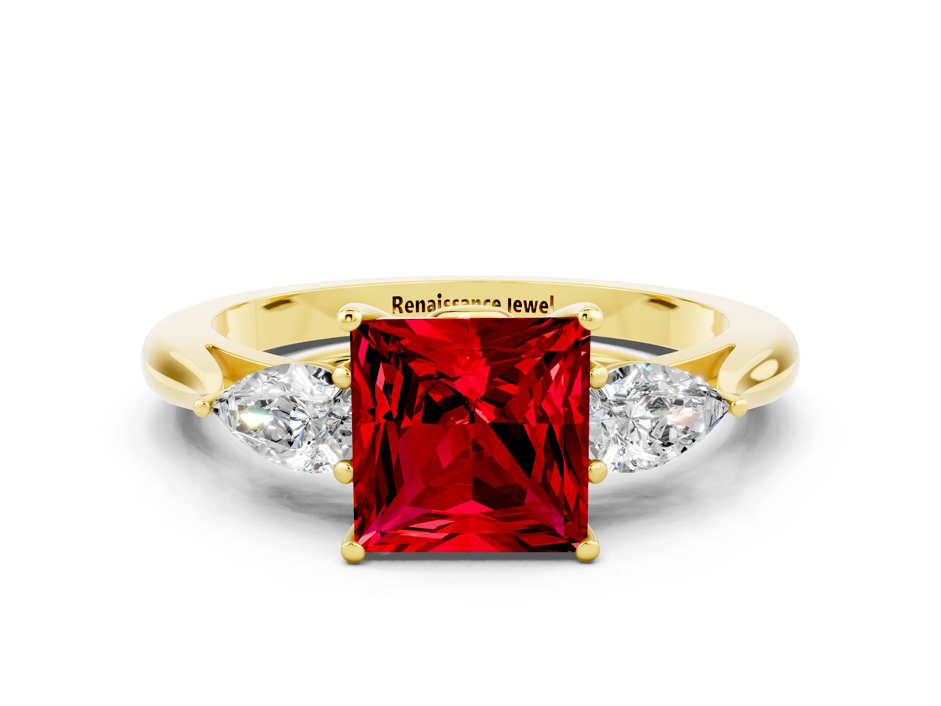 Yellow gold Princess Cut Ruby Three-Stone Ring with Pear Side Stones and Four-Prong Setting_12