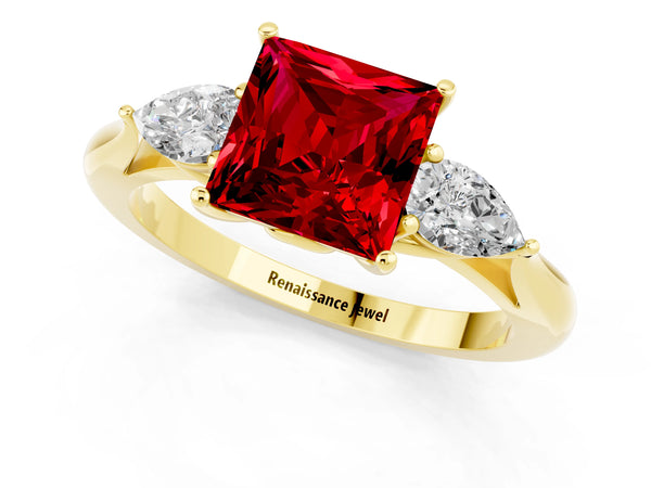 Yellow gold Princess Cut Ruby Three-Stone Ring with Pear  Side Stones and Prong Setting