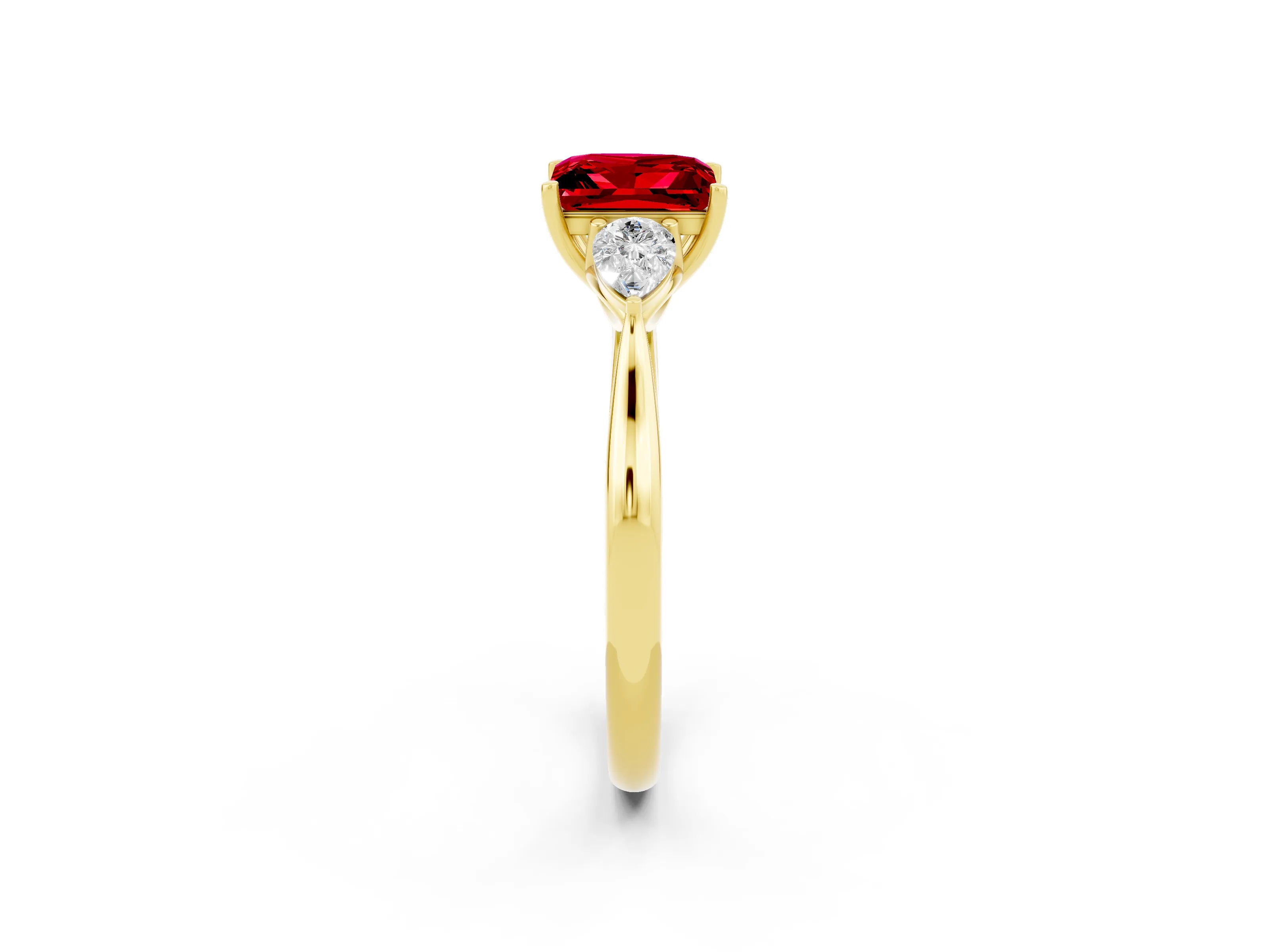 Yellow gold Princess Cut Ruby Three-Stone Ring with Pear Side Stones and Four-Prong Setting_14