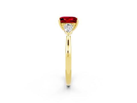 Yellow gold Princess Cut Ruby Three-Stone Ring with Pear Side Stones and Four-Prong Setting_14