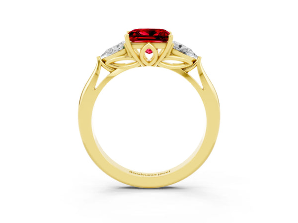 Yellow gold Princess Cut Ruby Three-Stone Ring with Pear  Side Stones and Prong Setting
