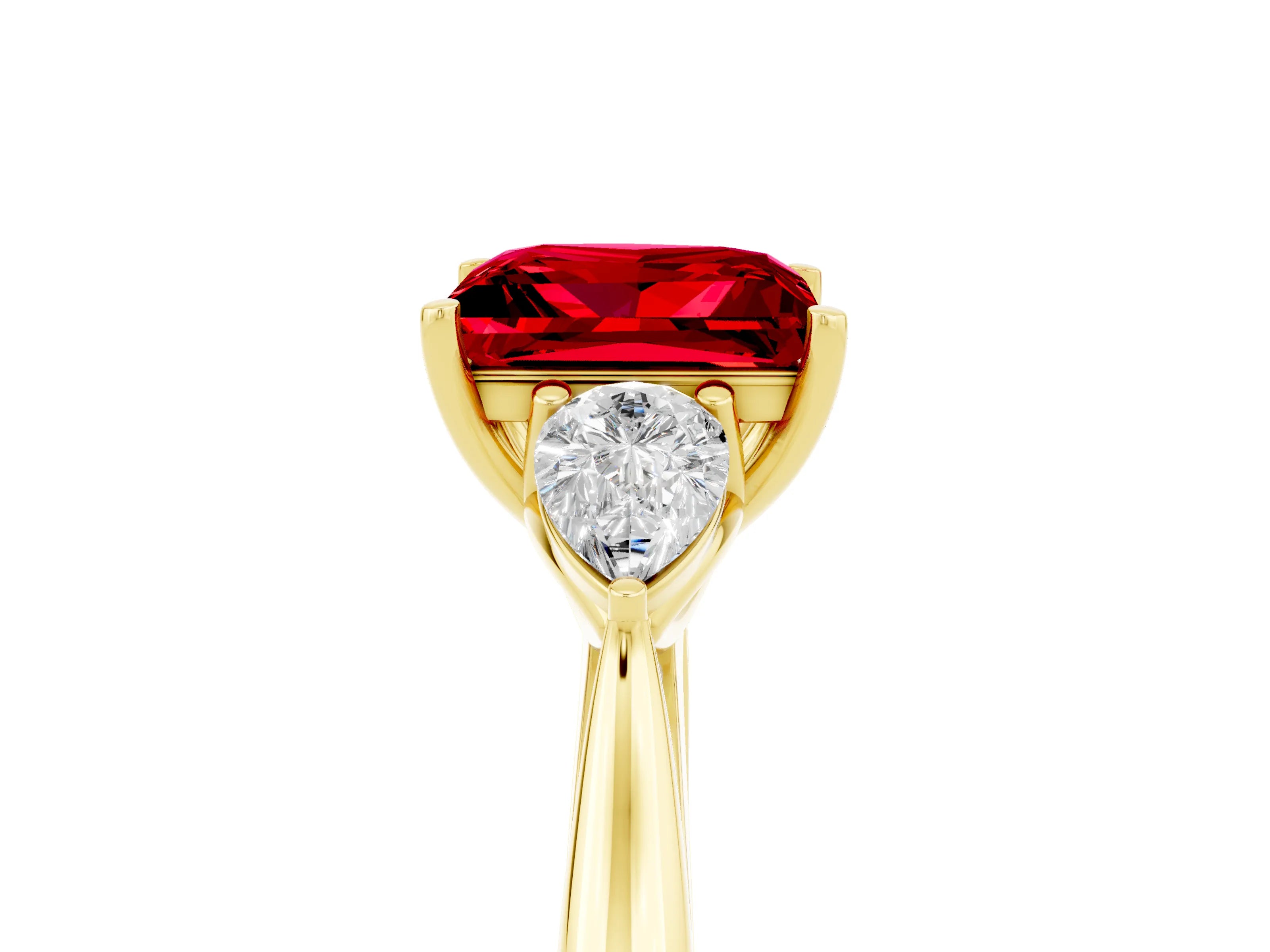 Yellow gold Princess Cut Ruby Three-Stone Ring with Pear Side Stones and Four-Prong Setting_17