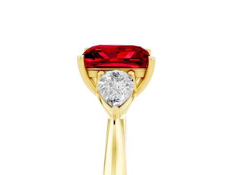 Yellow gold Princess Cut Ruby Three-Stone Ring with Pear Side Stones and Four-Prong Setting_17