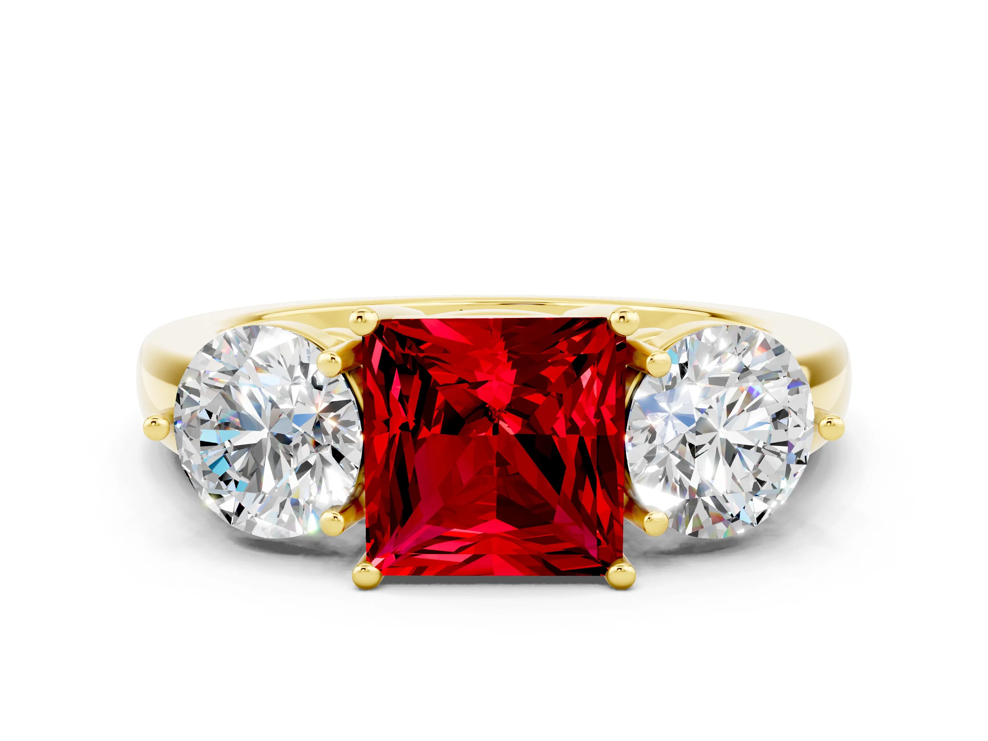 Yellow gold Princess Cut Ruby Three-Stone Ring with Prong Setting and Classic Band