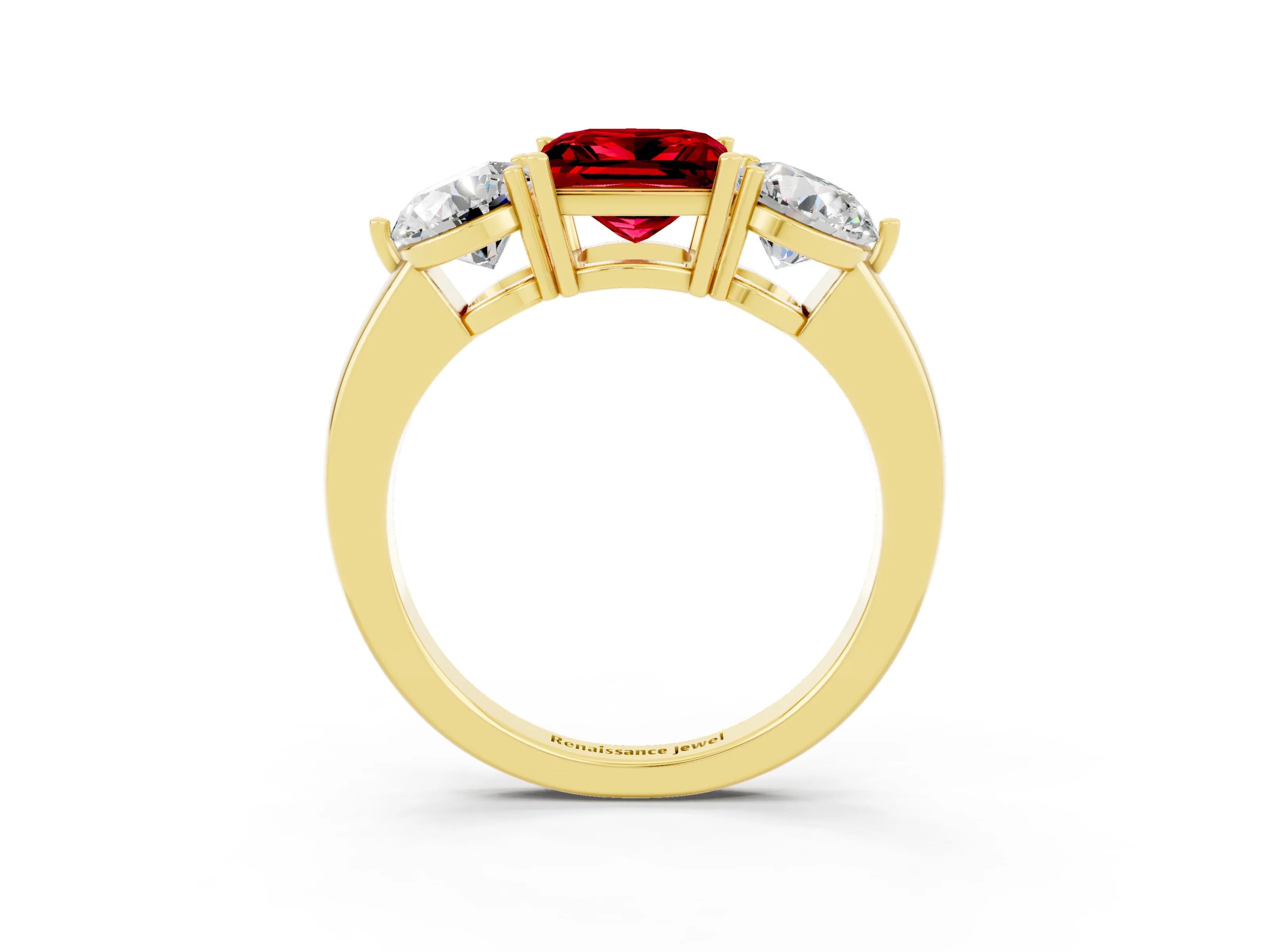 Yellow gold Princess Cut Ruby Three-Stone Ring with Prong Setting and Classic Band_3