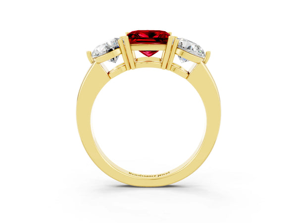 Yellow gold Princess Cut Ruby Three-Stone Ring with Prong Setting and Classic Band